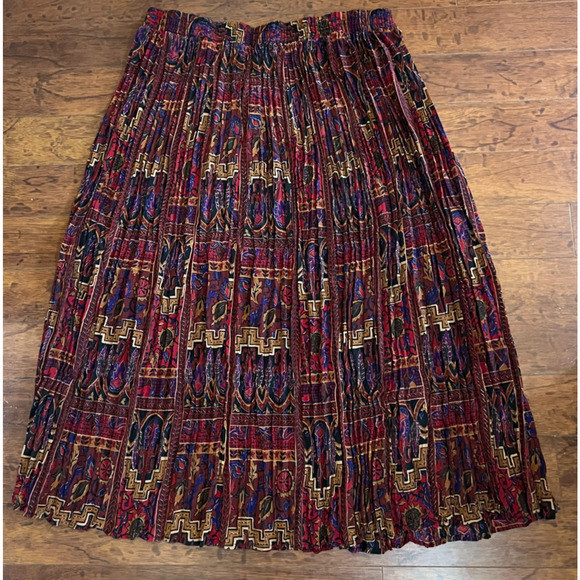 90s Burgundy Red Blue Dark block boho print broomstick skirt M/L - Picture 7 of 7